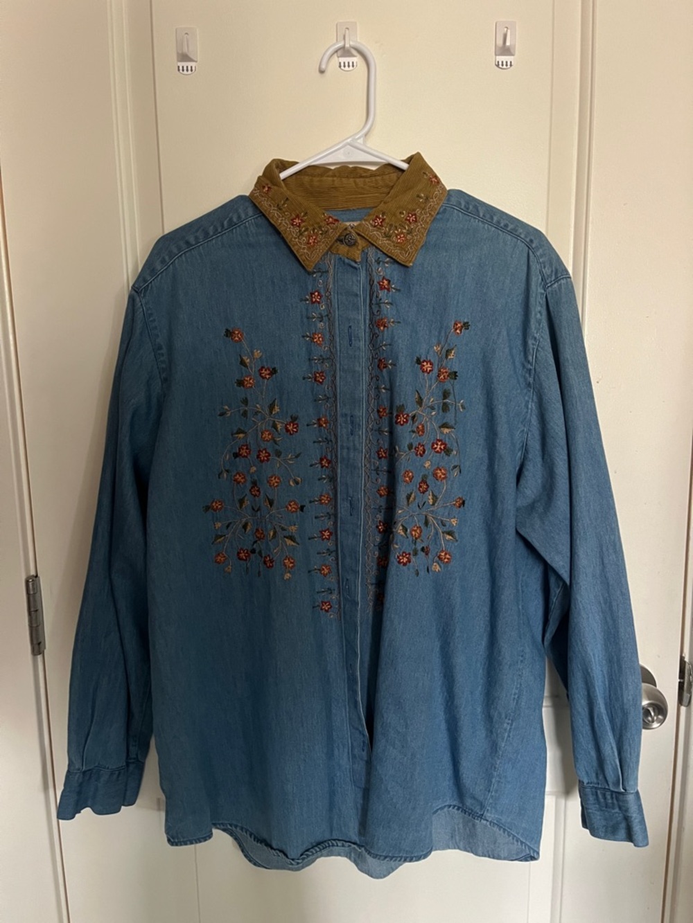 Vintage Embroidered Denim Button-Up with Olive Floral Collar